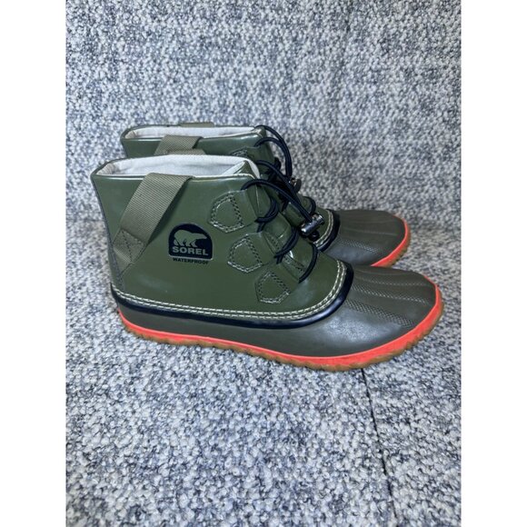 Sorel Waterproof Womens Duck Boots Size 8 Olive Green & Orange Rubber Sole - Picture 2 of 10